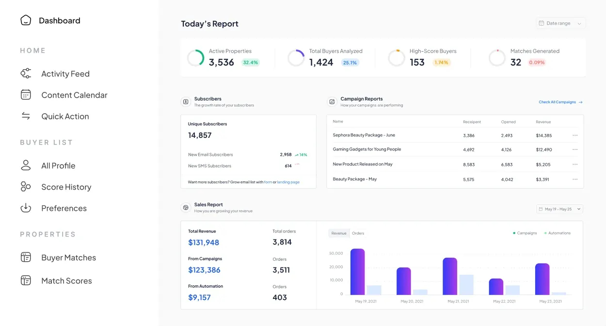 EstaMatch dashboard with today's report, leads analysed, matches generated and campaign reports