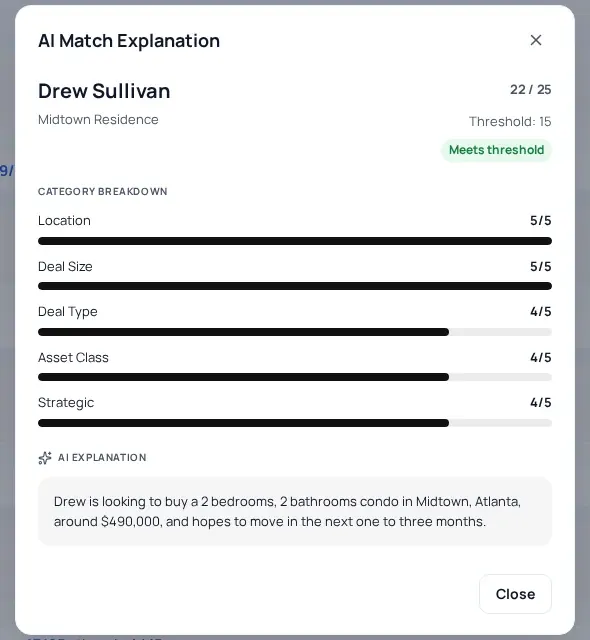 AI match explanation showing a 22 out of 25 score with category breakdown