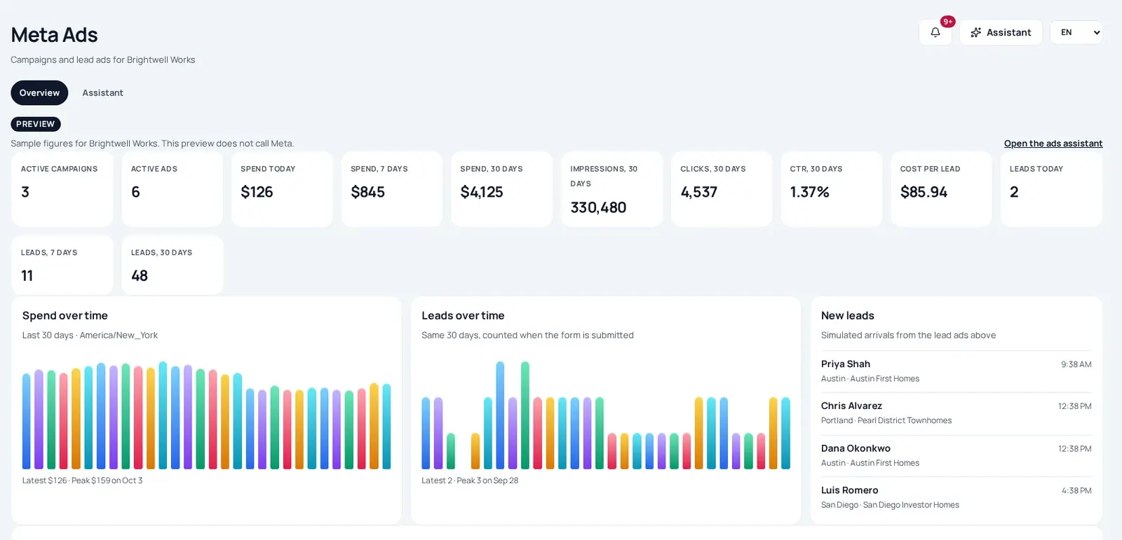 EstaMatch Meta Ads overview with spend, leads over time and campaign list